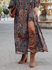 Women's Casual Dress Ethnic Dress Swing Dress Floral Paisley Split Print V Neck Long Dress Maxi Dress Vintage Ethnic Outdoor Date Long Sleeve Loose Fit Navy Blue Spring Fall S M L XL XXL