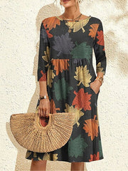 Women's Casual Dress Print Dress Spring Dress Leaf Pocket Print Crew Neck Midi Dress Fashion Streetwear Outdoor Daily 3/4 Length Sleeve Loose Fit Dark Gray Spring Fall S M L XL XXL