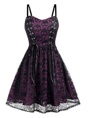 Women's Halloween Dress Vintage Retro Vintage Dress Midi Dress Outdoor Lace Drawstring Skull Spaghetti Strap Sleeveless Regular Fit Summer Spring 2023 Black Grey Black and Blue S M L XL