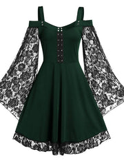 Women's Halloween Dress Plus Size Party Dress Solid Color Crew Neck Lace Long Sleeve Fall Winter Elegant Knee Length Dress Party Dress / Skull