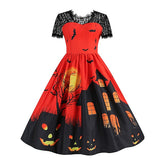 Women's Halloween Dress Retro 1950s Vintage Dress Midi Dress Holiday Lace Patchwork Graphic V Neck Short Sleeve Regular Fit Spring Fall 2023 Red Orange S M L XL