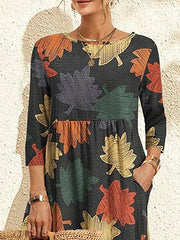 Women's Casual Dress Print Dress Spring Dress Leaf Pocket Print Crew Neck Midi Dress Fashion Streetwear Outdoor Daily 3/4 Length Sleeve Loose Fit Dark Gray Spring Fall S M L XL XXL