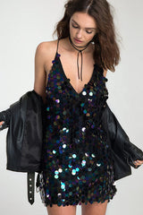 Hoobd Sexy Sequin V Neck Backless Mini Dress