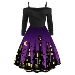 Women's Halloween Dress Retro 1950s Vintage Dress Midi Dress Party Ruched Ruffle Pumpkin Spaghetti Strap Long Sleeve Regular Fit Fall Winter 2023 Black Red S M L XL