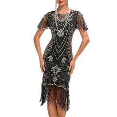 Women's Retro 1920s Fringe Dress Midi Dress Party Holiday Sequins Tassel Fringe Floral Crewneck Short Sleeve Regular Fit Spring Fall 2023 Silver Black S M L XL