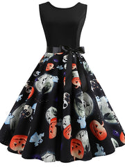 Women's Halloween Dress Swing Dress Knee Length Dress White Orange Red Light Blue Sleeveless Skull Pumpkin Print Patchwork Print Spring Summer Crew Neck Vintage 1950s Party Slim 2023 S M L XL XXL