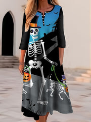 Women's Halloween Dress Casual Dress Print Dress Spring Dress Graphic Button Pocket Crew Neck Midi Dress Fashion Streetwear Outdoor Long Sleeve Regular Fit Yellow Navy Blue Royal Blue