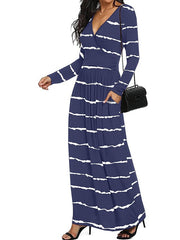 Women's Casual Dress Print Dress Spring Dress Stripe Pocket Print V Neck Mini Dress Fashion Streetwear Outdoor Street Long Sleeve Regular Fit Black White Pink Spring Fall S M L XL XXL