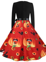 Women's Halloween Dress A Line Dress Knee Length Dress Black Blue Purple Pink Red Long Sleeve Pumpkin Bat Print Pumpkin Spider Print Fall Winter V Neck Hot Vintage Slim 2023 S M L XL XXL 3XL