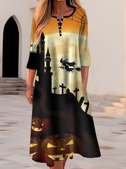 Women's Halloween Dress Casual Dress Print Dress Spring Dress Graphic Button Pocket Crew Neck Midi Dress Fashion Streetwear Outdoor Long Sleeve Regular Fit Yellow Navy Blue Royal Blue