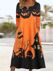 Women's Halloween Dress Casual Dress Print Dress Spring Dress Graphic Button Pocket Crew Neck Midi Dress Fashion Streetwear Outdoor Daily Long Sleeve Regular Fit Light Yellow Black Yellow