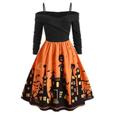 Women's Halloween Dress Retro 1950s Vintage Dress Midi Dress Party Ruched Ruffle Pumpkin Spaghetti Strap Long Sleeve Regular Fit Fall Winter 2023 Black Red S M L XL
