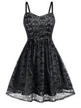 Women's Halloween Dress Vintage Retro Vintage Dress Midi Dress Outdoor Lace Drawstring Skull Spaghetti Strap Sleeveless Regular Fit Summer Spring 2023 Black Grey Black and Blue S M L XL