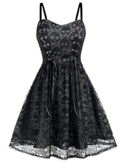 Women's Halloween Dress Vintage Retro Vintage Dress Midi Dress Outdoor Lace Drawstring Skull Spaghetti Strap Sleeveless Regular Fit Summer Spring 2023 Black Grey Black and Blue S M L XL