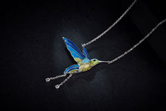 Cyan Bird Enamel Silver Necklace for Women