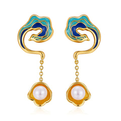 Enamel Flying Phoenix with Pearl Drop Earrings