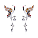 Crane Enamel Silver Drop Earrings for Women