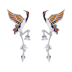 Crane Enamel Silver Drop Earrings for Women