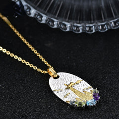 Italian Antique Jewelry Design Inlaid with Natural Colourful Gemstones Oval Pendant Silver Necklace for Women