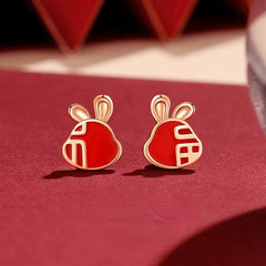 Red Enamel Fortune Rabbit Silver Studs Earrings for Women