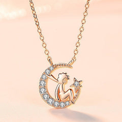Little Prince with Zircon Moon Pendant Silver Necklace for Women