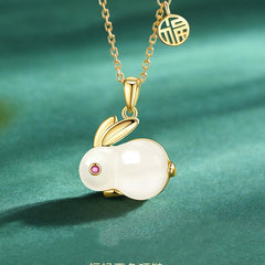 Nephrite Bunny Silver Necklace for Women