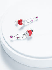 Red Jellyfish Enamel Silver Earrings for Women