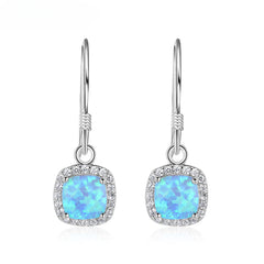 Cushion Cut Blue Opal Pendant Zircon Soleste Halo Sterling Silver Hook Earrings