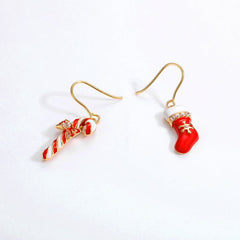 Christmas Crutch and Stocking Asymmetric Zircon Sterling Silver Hook Earrings