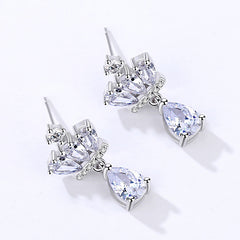 Crown with Pear Drop Zircon Silver Drop Earrings for Women