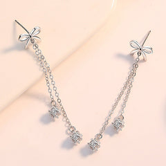 Bow with Zircon Tassels Silver Drop Earrings for Women