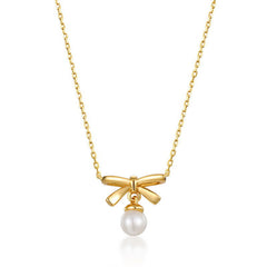 Polished Bowknot Round Pearl Sterling Silver Necklace