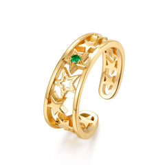 Five Pointed Star Green Zircon Hollow Opening Sterling Silver Ring