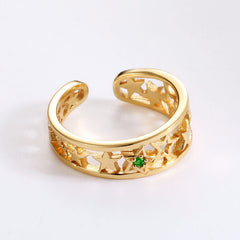 Five Pointed Star Green Zircon Hollow Opening Sterling Silver Ring