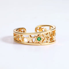 Five Pointed Star Green Zircon Hollow Opening Sterling Silver Ring