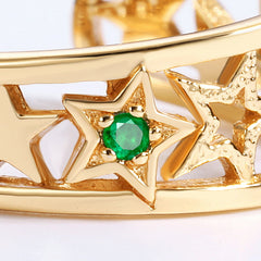 Five Pointed Star Green Zircon Hollow Opening Sterling Silver Ring