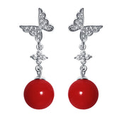 Zircon Butterfly Tassel Red Bead Silver Drop Earrings for Women