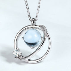 Round Blue Topaz Planet Pendant Sterling Silver Necklace
