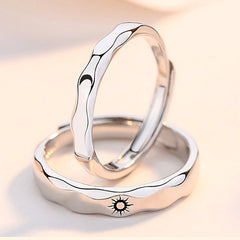 Sun Moon Waved Silver Couple Ring