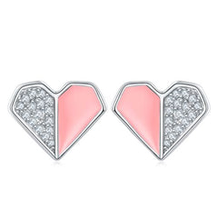 Pink Enamel Heart Silver Stud Earrings