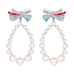 Bowknot and Pearl Enamel Drop Earrings