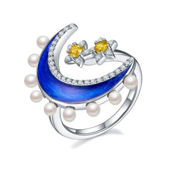 Moon Star with Pearl Blue Enamel Sliver Ring