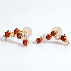 Irregular Row of Natural Red Garnet Zircon Sterling Silver Stud Earrings