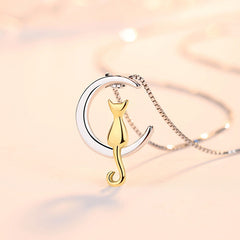 Moon Cat Pendant Silver Necklace for Women