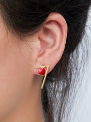 Asymmetric Pearl Red Heart Enamel Stud Earrings
