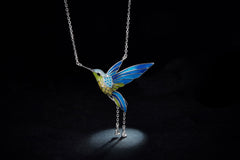 Cyan Bird Enamel Silver Necklace for Women