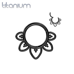 Titanium Black PVD Tribal Flower Shaped Hinged Septum Daith Clicker Hoop