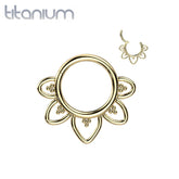 Titanium Gold PVD Tribal Flower Shaped Hinged Septum Daith Clicker Hoop