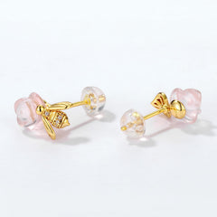 Pink Crystal Rose Bee and Leaf Zircon Silver Stud Earrings