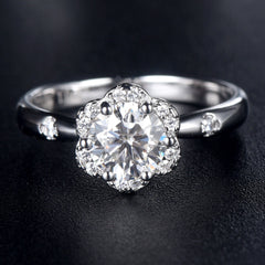 Flower Halo 1.0 Carat Round Cut Moissanite Engagement Ring